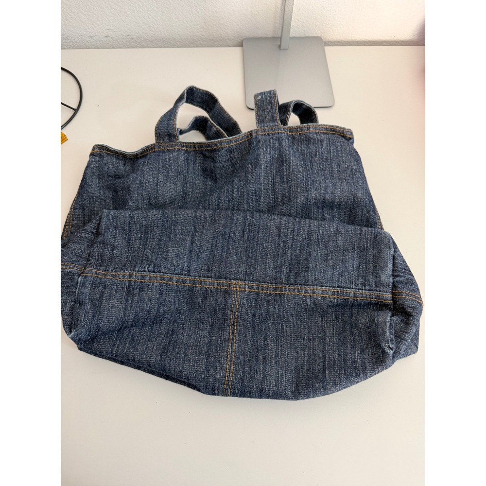 Upcycled Dark Wash Denim Tote Bag Frayed Pocket Indigo Blue Cotton Shoulder Bag - Picture 3 of 6